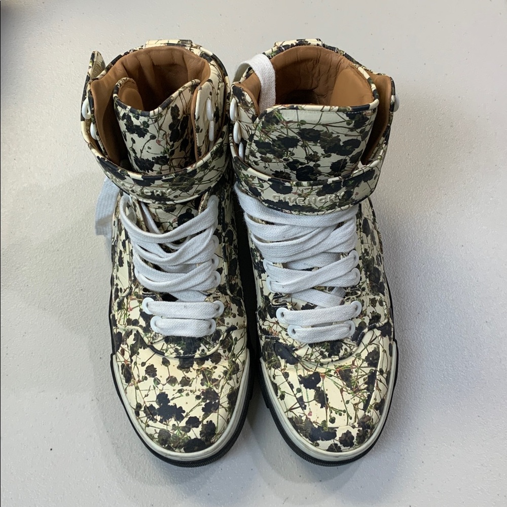 Givenchy Men's High-Top Sneakers in Cream with Black Floral Splatter